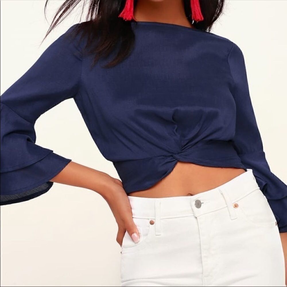 Lulus Auben Navy Blue Knotted Bell Sleeve Crop Top - Picture 3 of 10
